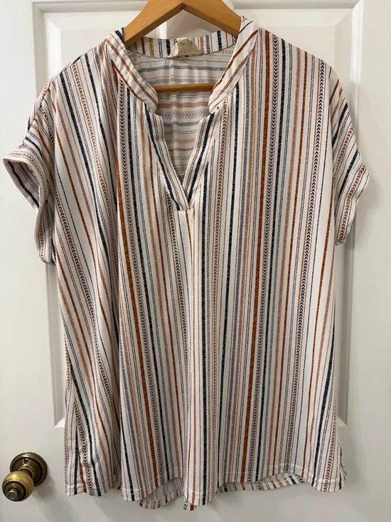 Flower & Feather Striped Short-Sleeve V-Neck Top in White, Rust & Navy - Picture 1 of 3